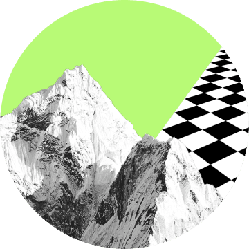 Circular graphic combining realistic black and white snow-capped mountains with abstract lime green and checkered geometric shapes.