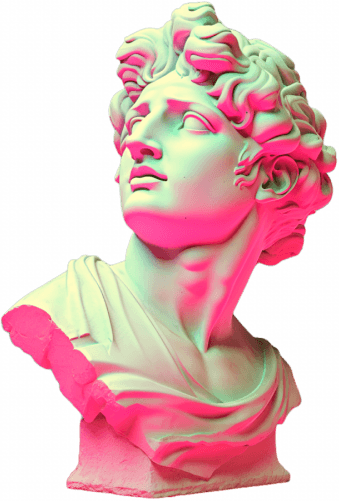 Classical bust of a male figure, dramatically lit with vibrant neon pink and light green, against a white background.